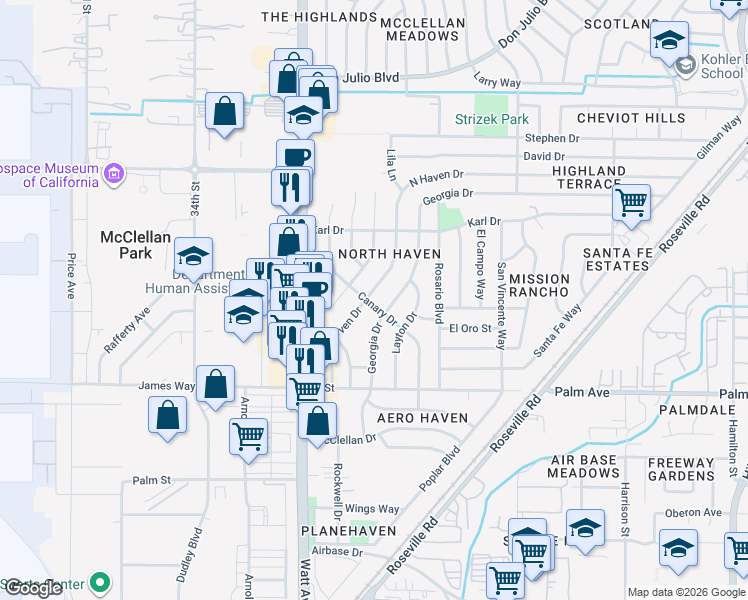 map of restaurants, bars, coffee shops, grocery stores, and more near 5720 Canary Dr in North Highlands