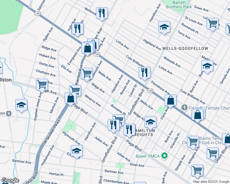 map of restaurants, bars, coffee shops, grocery stores, and more near 1422 Hamilton Avenue in St. Louis