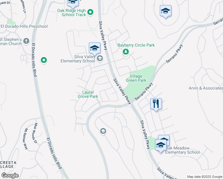 map of restaurants, bars, coffee shops, grocery stores, and more near 5058 Taylor Way in El Dorado Hills