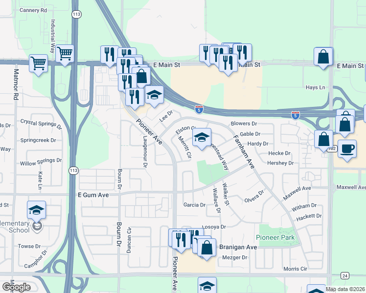 map of restaurants, bars, coffee shops, grocery stores, and more near 774 Merritt Cir in Woodland