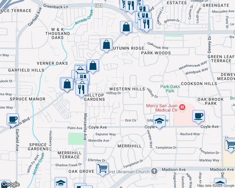 map of restaurants, bars, coffee shops, grocery stores, and more near 6040 Hilltop Drive in Carmichael