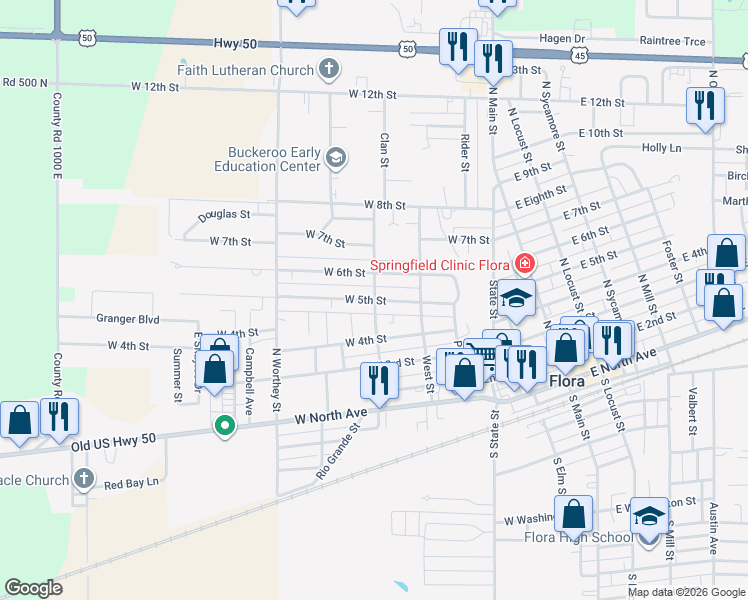 map of restaurants, bars, coffee shops, grocery stores, and more near 601 West 5th Street in Flora