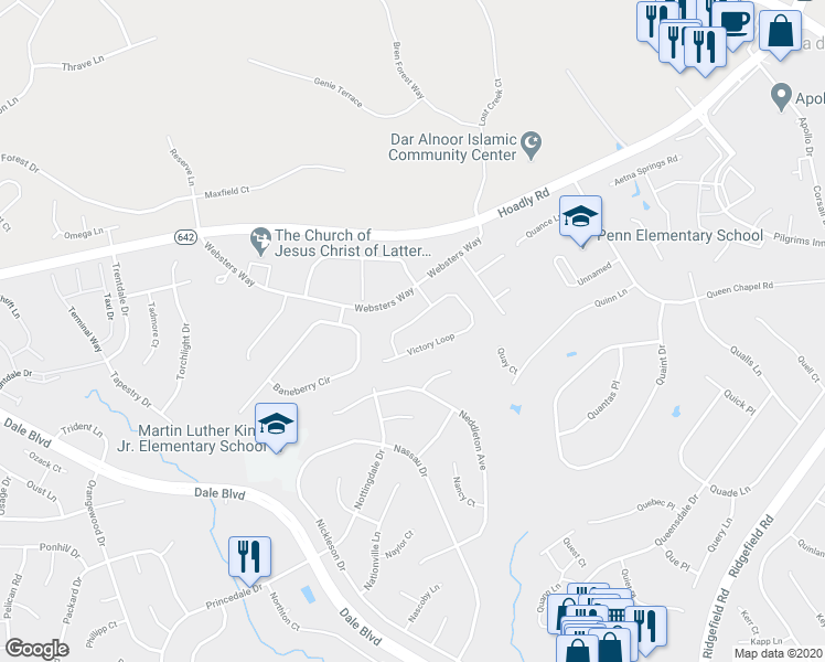 map of restaurants, bars, coffee shops, grocery stores, and more near 5522 Victory Loop in Manassas