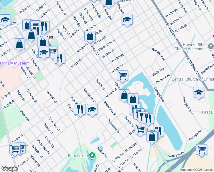 map of restaurants, bars, coffee shops, grocery stores, and more near 1411 Perry St in Vincennes