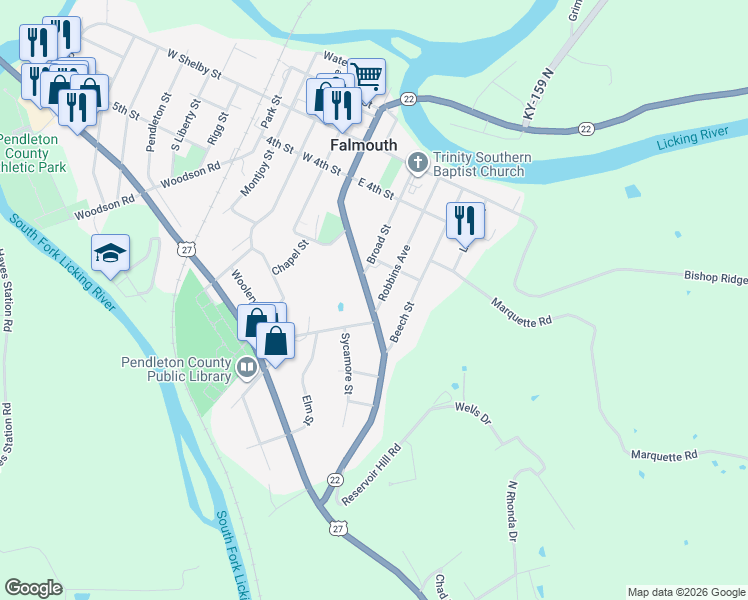 map of restaurants, bars, coffee shops, grocery stores, and more near 515 Robbins Avenue in Falmouth