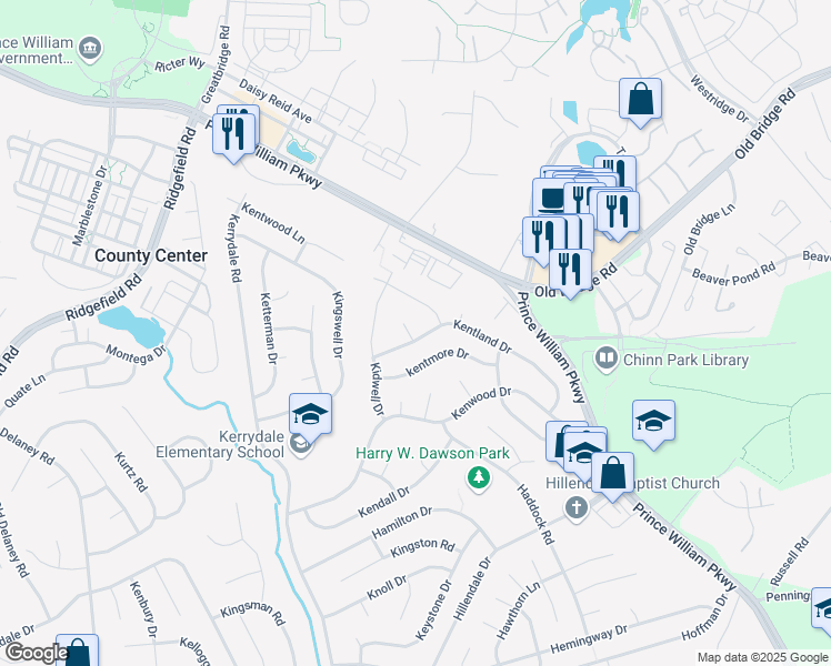 map of restaurants, bars, coffee shops, grocery stores, and more near 4506 Kentland Drive in Woodbridge