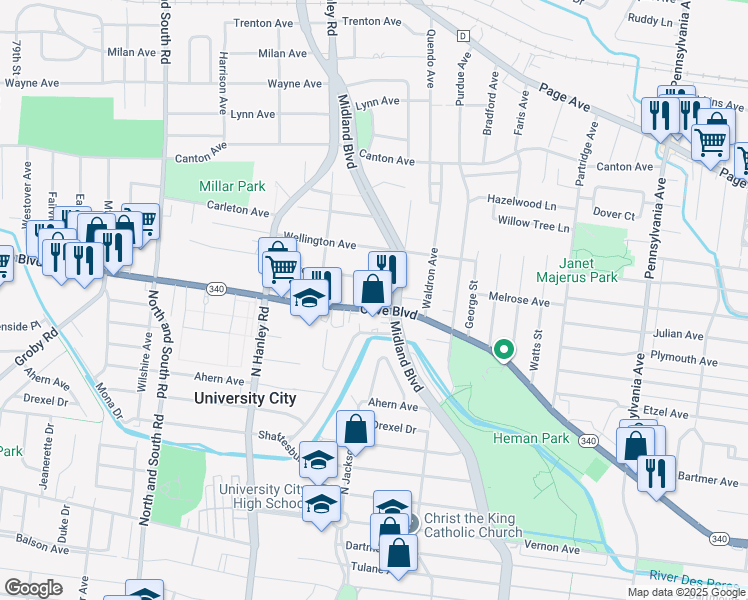 map of restaurants, bars, coffee shops, grocery stores, and more near 7321 Olive Boulevard in University City