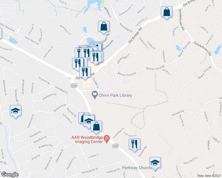 map of restaurants, bars, coffee shops, grocery stores, and more near 13000 Chinn Park Drive in Woodbridge