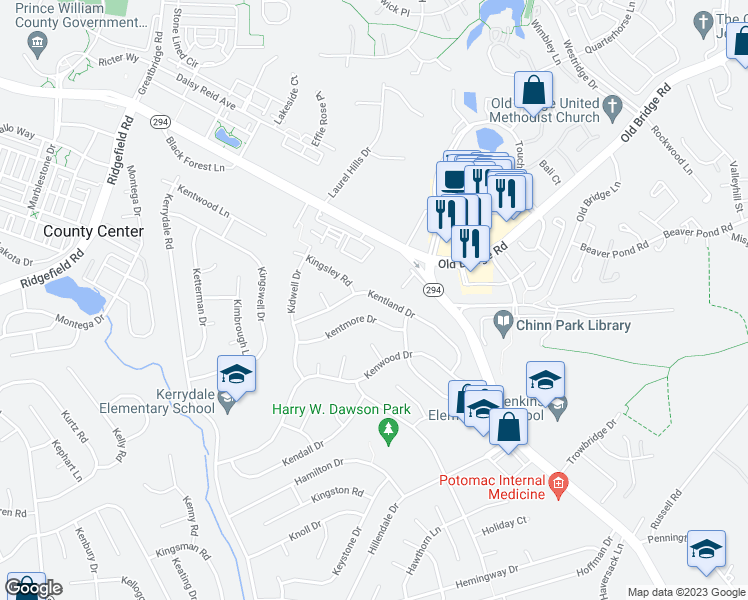 map of restaurants, bars, coffee shops, grocery stores, and more near 4413 Kentland Drive in Woodbridge