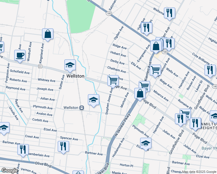 map of restaurants, bars, coffee shops, grocery stores, and more near 6302 Page Avenue in St. Louis