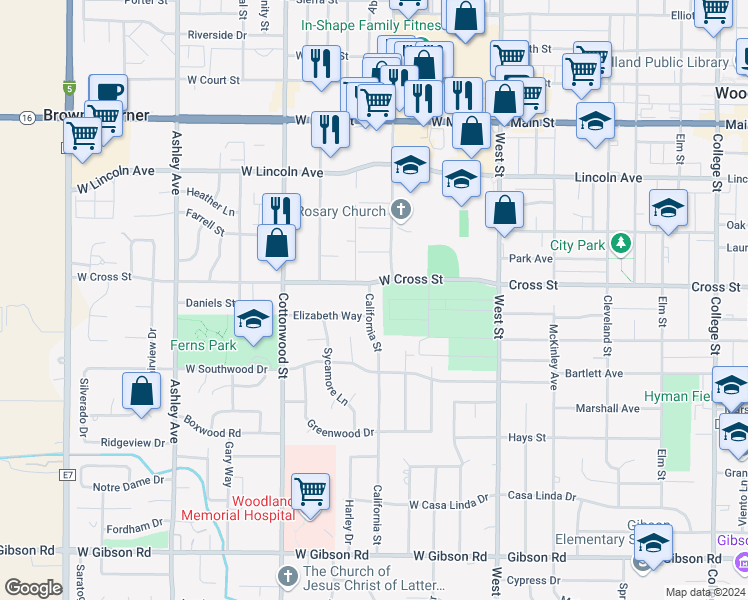 map of restaurants, bars, coffee shops, grocery stores, and more near 711 California Street in Woodland