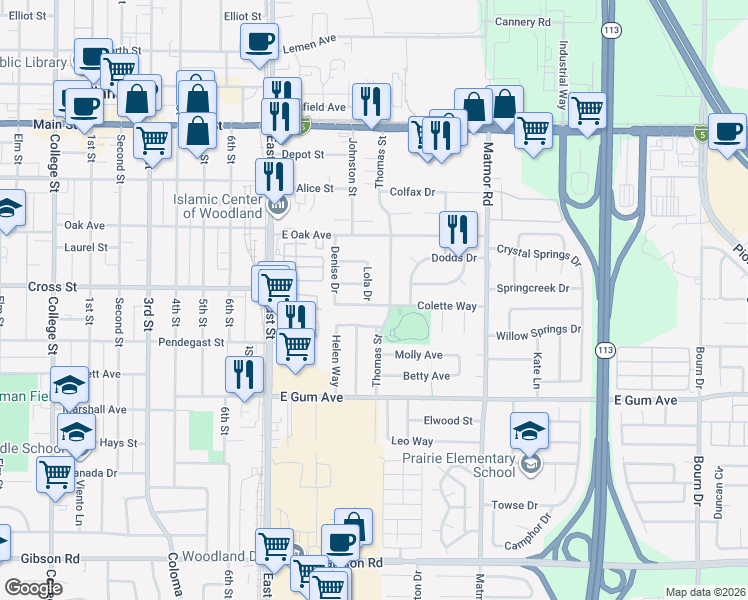 map of restaurants, bars, coffee shops, grocery stores, and more near 1335 Colette Way in Woodland