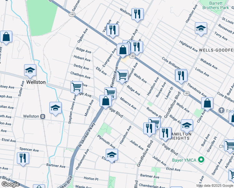 map of restaurants, bars, coffee shops, grocery stores, and more near 1355 Hodiamont Avenue in St. Louis