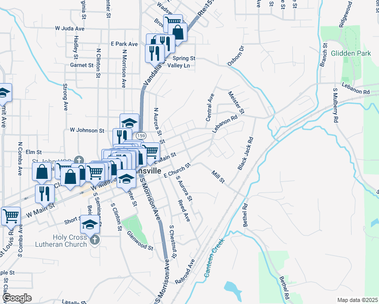 map of restaurants, bars, coffee shops, grocery stores, and more near 600 East Main Street in Collinsville