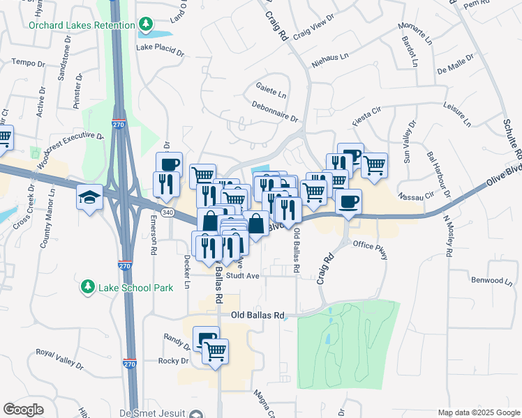 map of restaurants, bars, coffee shops, grocery stores, and more near 11629 Olive Boulevard in Creve Coeur