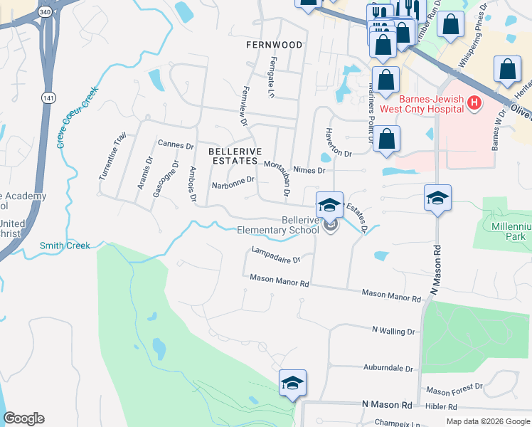 map of restaurants, bars, coffee shops, grocery stores, and more near 12959 Ambois Drive in Creve Coeur