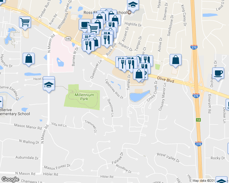 map of restaurants, bars, coffee shops, grocery stores, and more near 12533 Lighthouse Way Drive in Creve Coeur