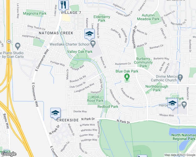 map of restaurants, bars, coffee shops, grocery stores, and more near 5415 Hampton Falls Way in Sacramento
