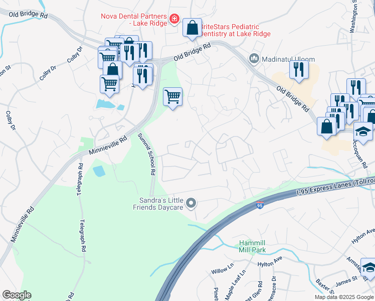 map of restaurants, bars, coffee shops, grocery stores, and more near 2069 Stargrass Court in Woodbridge