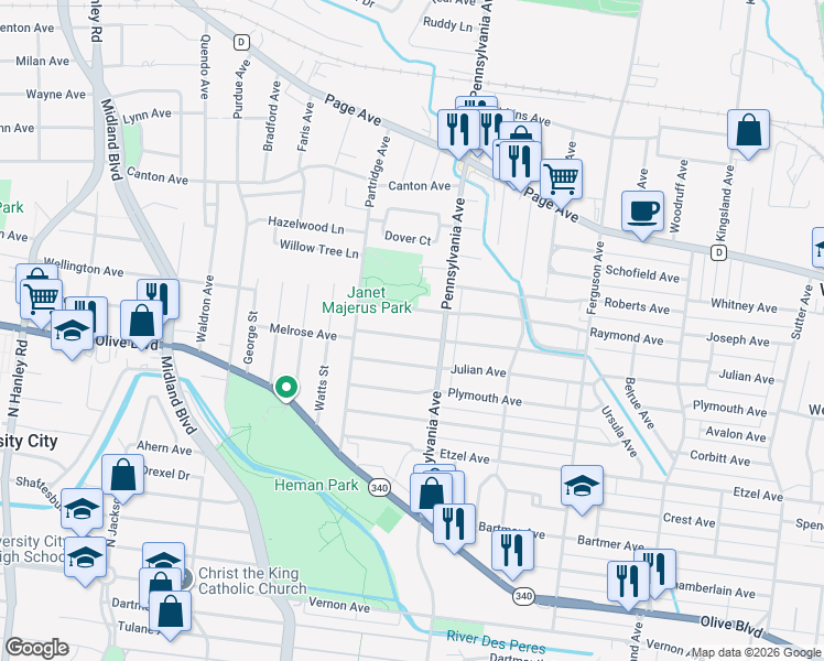 map of restaurants, bars, coffee shops, grocery stores, and more near 7017 Melrose Avenue in University City