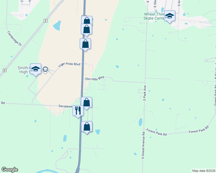 map of restaurants, bars, coffee shops, grocery stores, and more near 1375 Elm Hills Boulevard in Sedalia