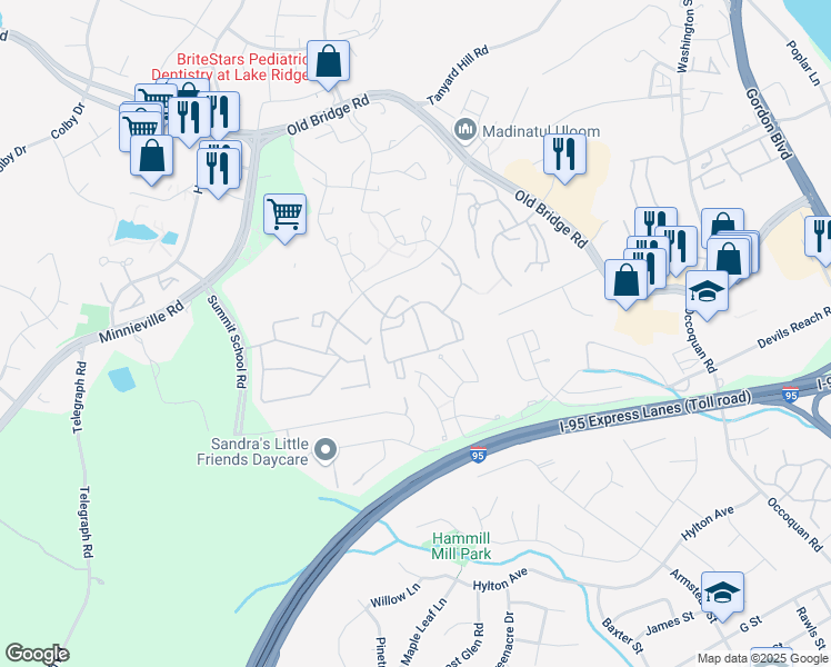 map of restaurants, bars, coffee shops, grocery stores, and more near 1909 Briar Rose Lane in Woodbridge
