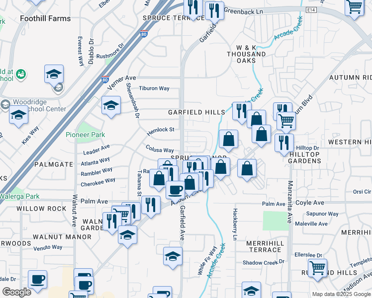 map of restaurants, bars, coffee shops, grocery stores, and more near 5501 Keoncrest Circle in Sacramento