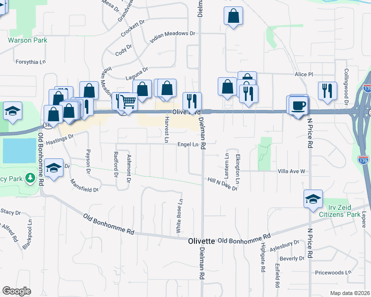 map of restaurants, bars, coffee shops, grocery stores, and more near 8 Green Oaks Drive in Olivette