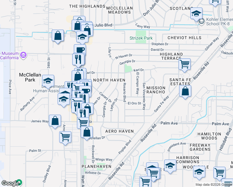 map of restaurants, bars, coffee shops, grocery stores, and more near 5721 Layton Drive in North Highlands