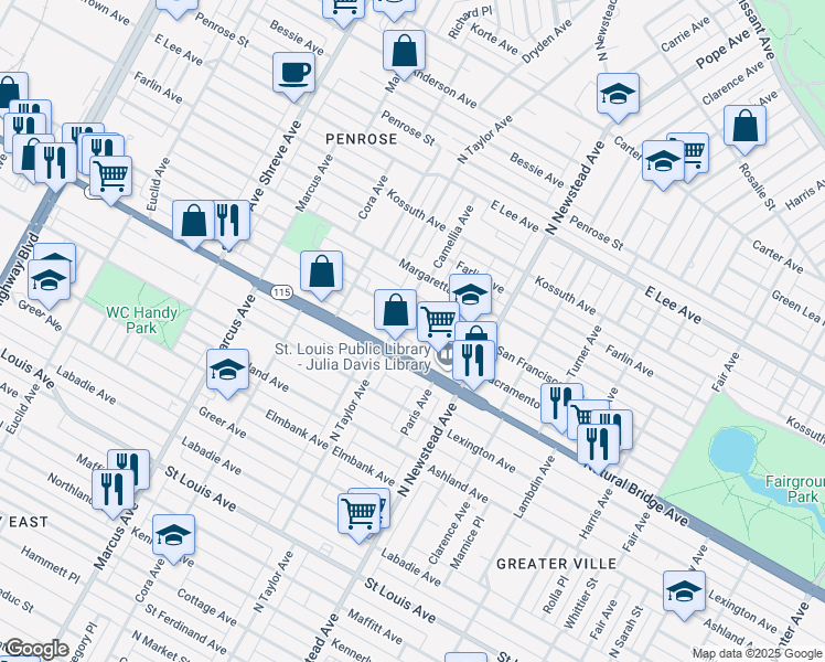 map of restaurants, bars, coffee shops, grocery stores, and more near 4482 San Francisco Avenue in St. Louis