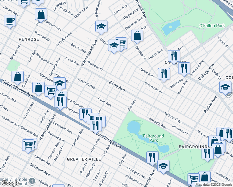 map of restaurants, bars, coffee shops, grocery stores, and more near 4119 Harris Avenue in St. Louis