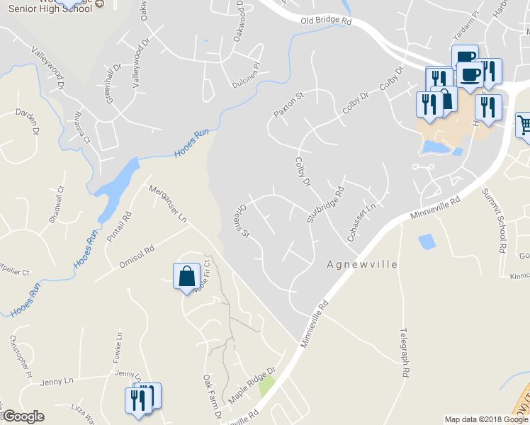 map of restaurants, bars, coffee shops, grocery stores, and more near 2605 Duxbury Court in Woodbridge