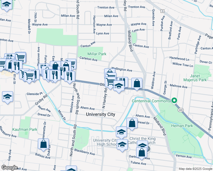 map of restaurants, bars, coffee shops, grocery stores, and more near Olive Blvd & N Hanley Rd in University City