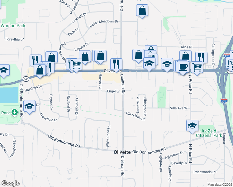 map of restaurants, bars, coffee shops, grocery stores, and more near 1408 Engel Lane in Olivette
