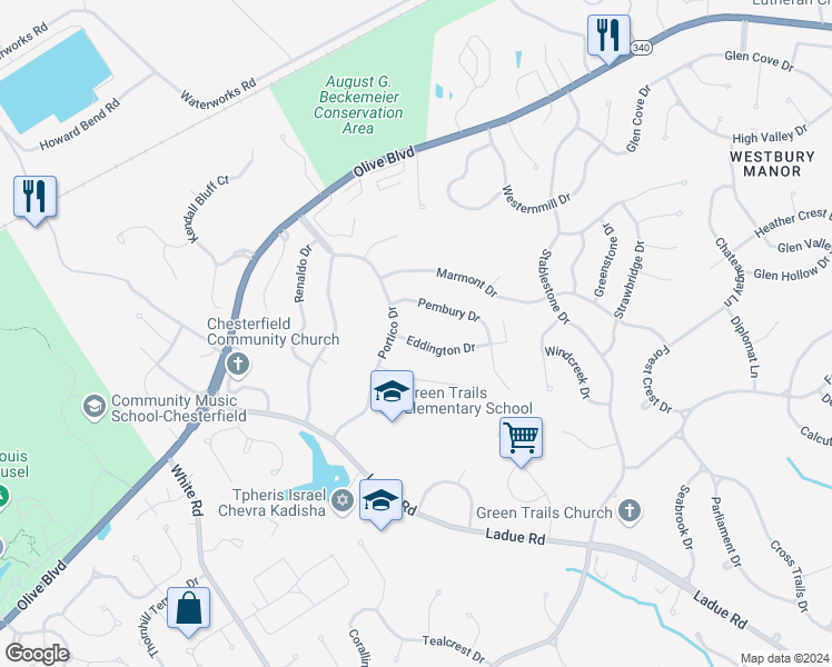 map of restaurants, bars, coffee shops, grocery stores, and more near 14531 Eddington Drive in Chesterfield