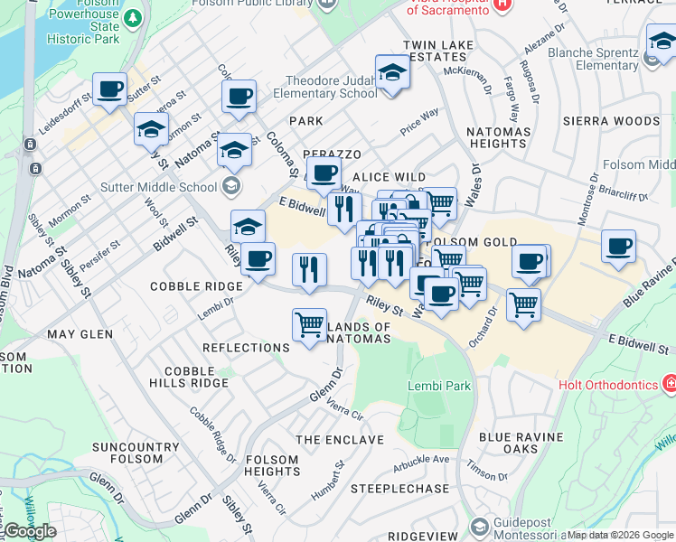 map of restaurants, bars, coffee shops, grocery stores, and more near 1015 Riley Street in Folsom