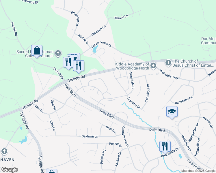 map of restaurants, bars, coffee shops, grocery stores, and more near 13125 Thrift Lane in Woodbridge