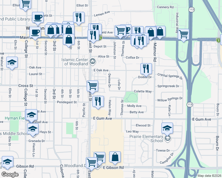 map of restaurants, bars, coffee shops, grocery stores, and more near 651 Denise Drive in Woodland