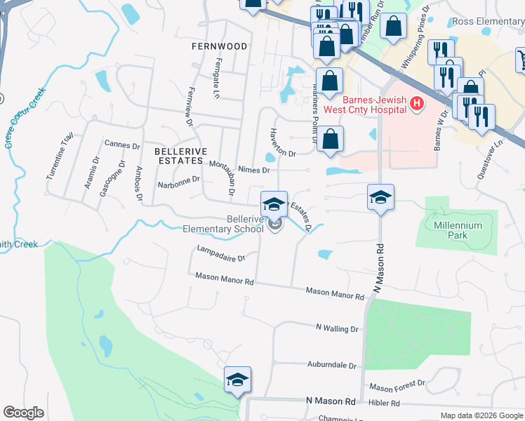 map of restaurants, bars, coffee shops, grocery stores, and more near 12918 Bellerive Estates Drive in Creve Coeur