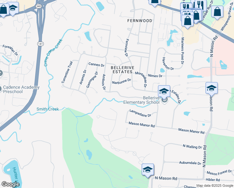 map of restaurants, bars, coffee shops, grocery stores, and more near 13022 Ambois Drive in Creve Coeur