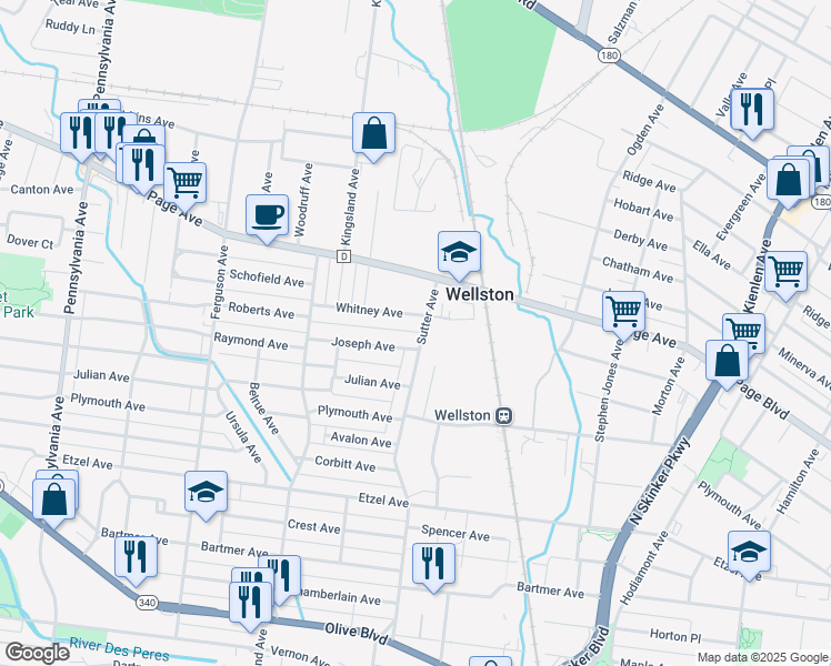map of restaurants, bars, coffee shops, grocery stores, and more near 1263 Sutter Avenue in St. Louis