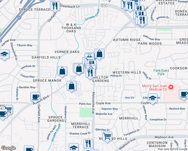 map of restaurants, bars, coffee shops, grocery stores, and more near Manzanita Avenue & Hilltop Drive in Carmichael