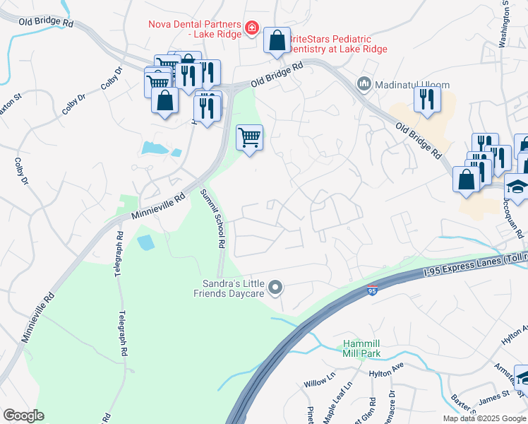 map of restaurants, bars, coffee shops, grocery stores, and more near 2085 Stargrass Court in Woodbridge