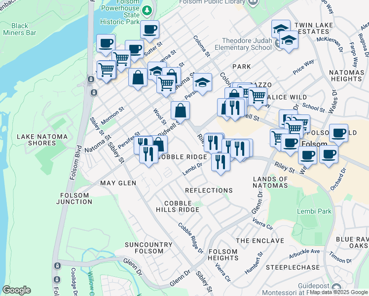 map of restaurants, bars, coffee shops, grocery stores, and more near 45 Diggins Drive in Folsom