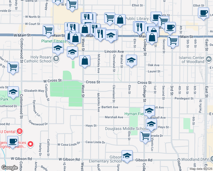 map of restaurants, bars, coffee shops, grocery stores, and more near 234 Cross Street in Woodland