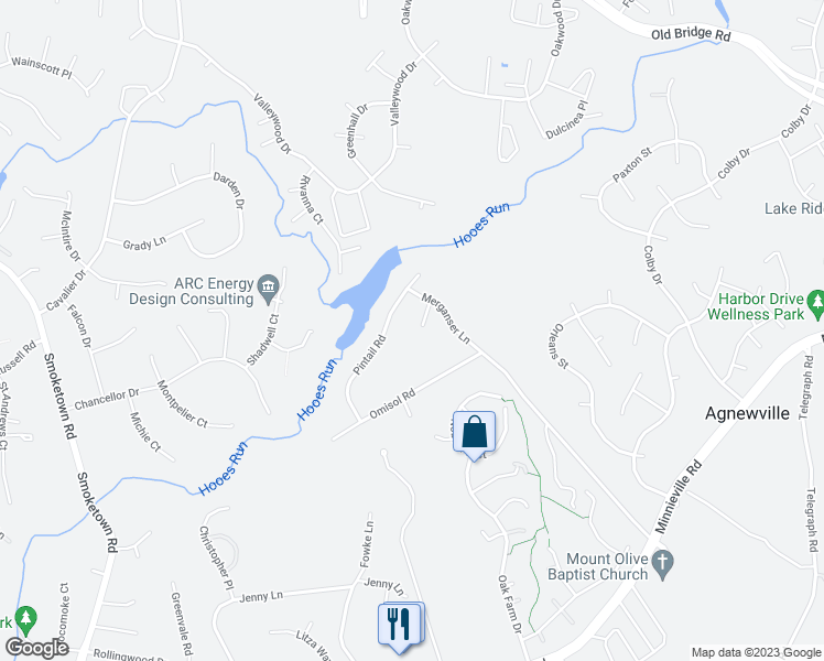 map of restaurants, bars, coffee shops, grocery stores, and more near 2872 Bufflehead Court in Woodbridge