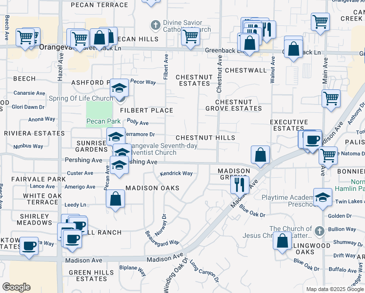 map of restaurants, bars, coffee shops, grocery stores, and more near 9133 Suzette Court in Orangevale