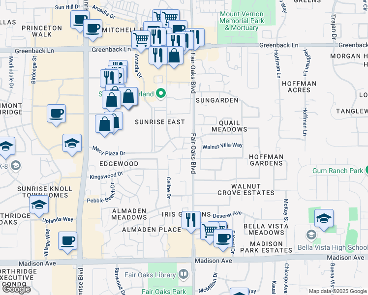 map of restaurants, bars, coffee shops, grocery stores, and more near 8059 Targa Circle in Citrus Heights