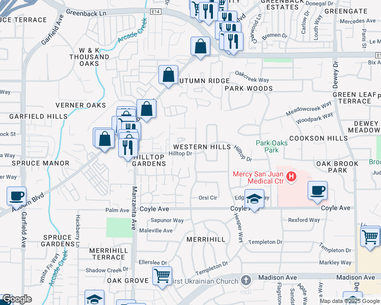 map of restaurants, bars, coffee shops, grocery stores, and more near 6040 Hilltop Drive in Carmichael