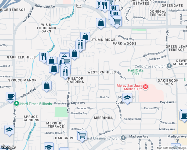 map of restaurants, bars, coffee shops, grocery stores, and more near 6040 Hilltop Drive in Carmichael